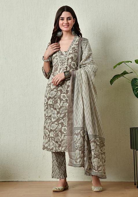 Grey Printed Cotton Kurta Set