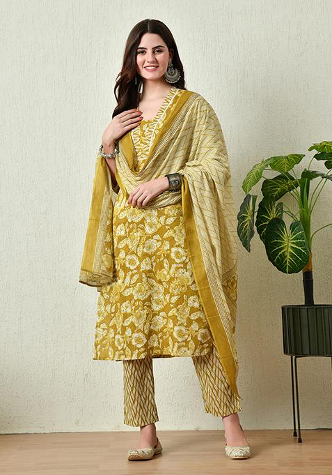 Mustard Printed Cotton Kurta Set