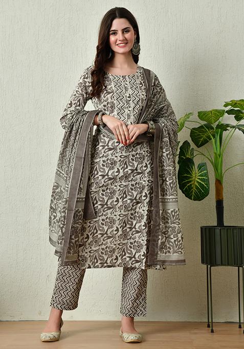 Grey Printed Cotton Kurta Set