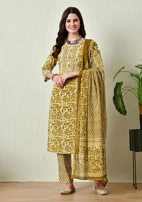 Mustard Printed Cotton Kurta Set