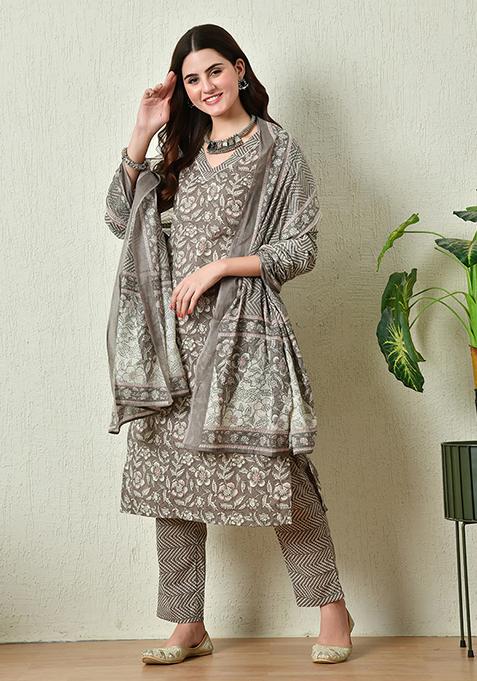 Grey Printed Cotton Kurta Set