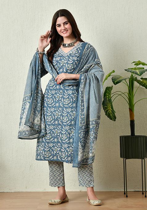 Blue Printed Cotton Kurta Set