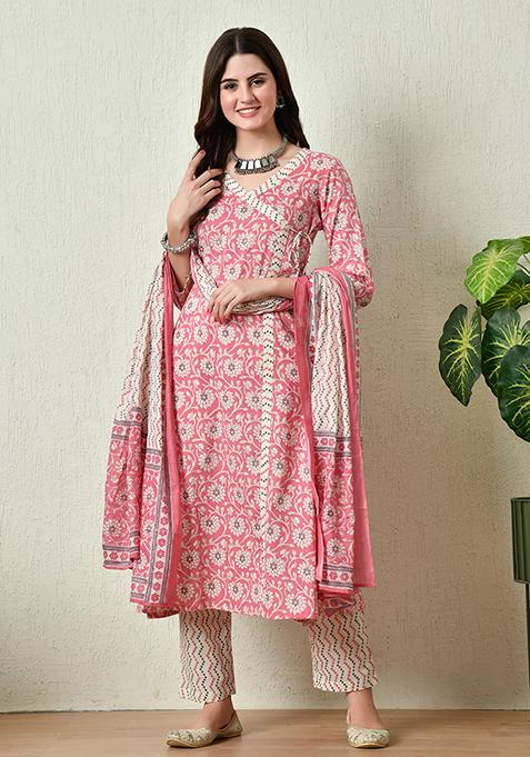 Pink Printed Cotton Kurta Set