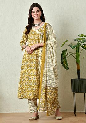 Mustard Printed Cotton Kurta Set
