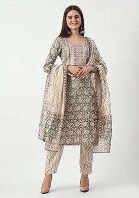 Grey Printed Cotton Kurta Set