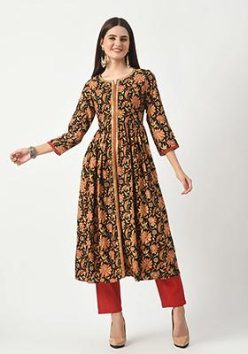 Black Printed Rayon Kurta Set