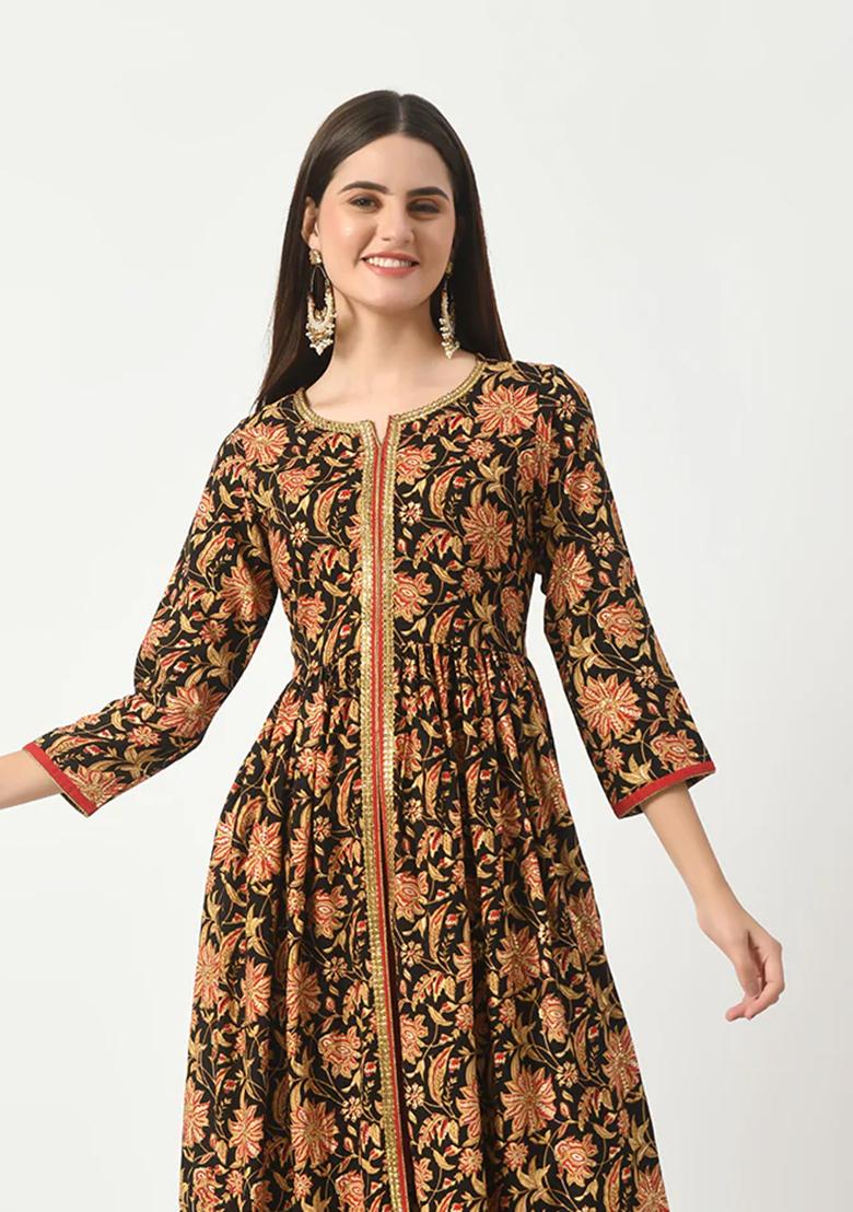 Black Printed Rayon Kurta Set