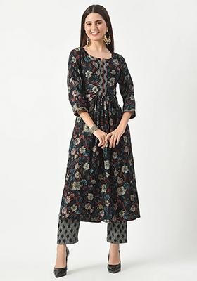 Blue Printed Rayon Kurta Set