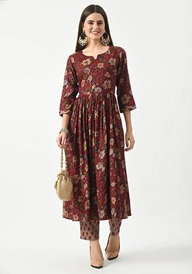 Maroon Printed Rayon Kurta Set