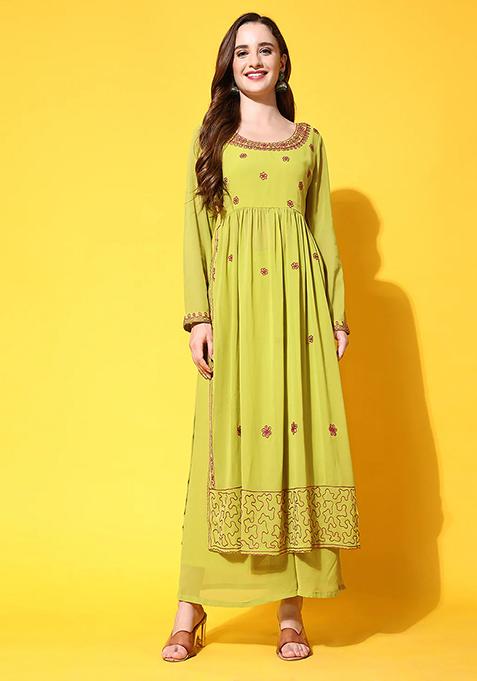 Lime Yellow Embroidered Georgette Kurta Set