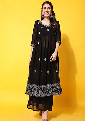 Black Embroidered Georgette Kurta Set