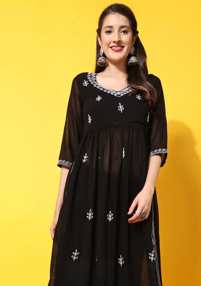 Black Embroidered Georgette Kurta Set - Indya