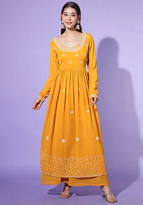 Yellow Embroidered Georgette Kurta Set