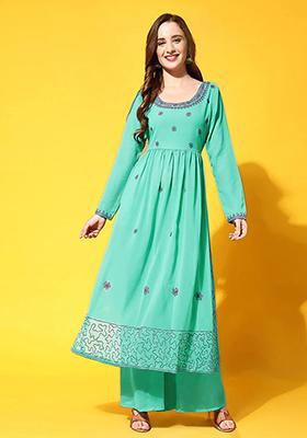 Turquoise Blue Embroidered Georgette Kurta Set