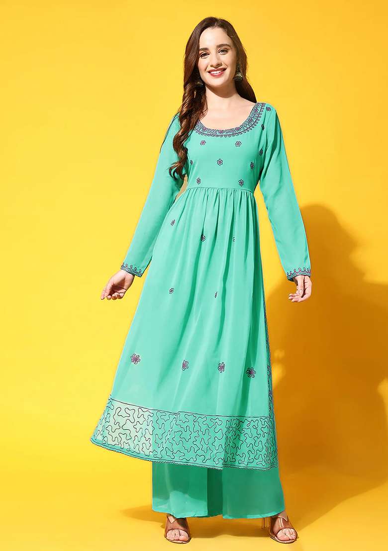 Turquoise Blue Embroidered Georgette A Line Kurta Set - Indya