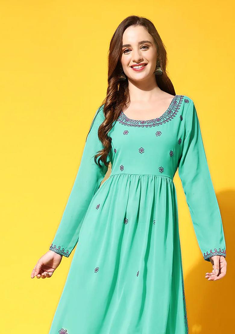 Turquoise Blue Embroidered Georgette Kurta Set