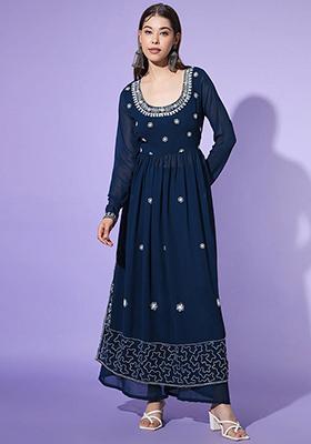 Teal Blue Embroidered Georgette Kurta Set