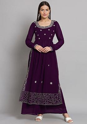 Purple Embroidered Georgette Kurta Set