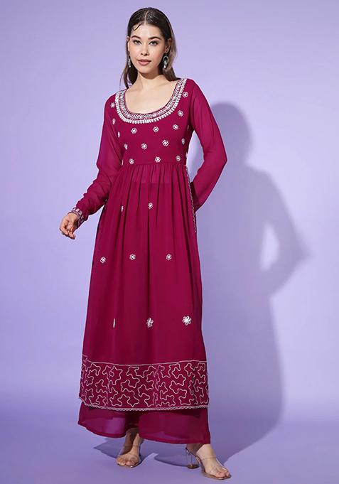 Pink Embroidered Georgette Kurta Set