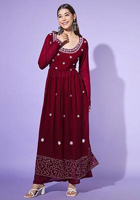 Maroon Embroidered Georgette Kurta Set