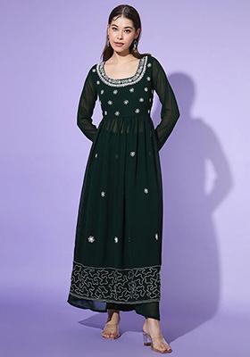 Green Embroidered Georgette Kurta Set