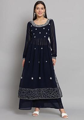 Blue Embroidered Georgette Kurta Set
