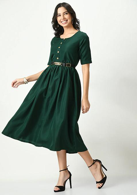 Green Solid Crepe Dress