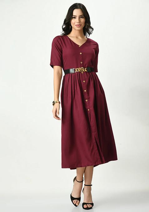 Burgundy Solid Crepe Dress