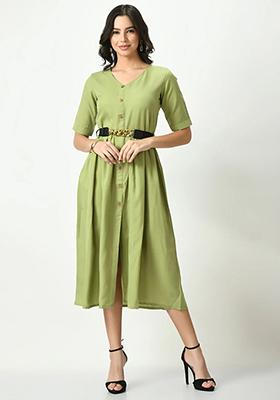 Olive Green Solid Crepe Dress