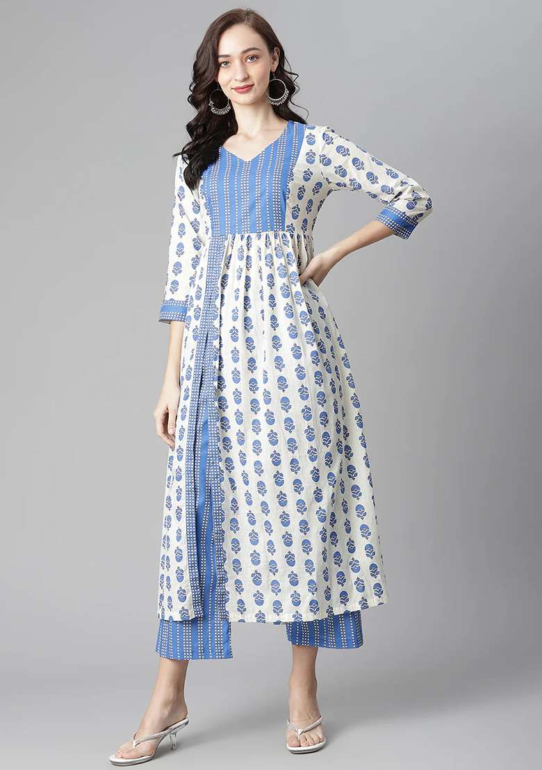 Off White Printed Cotton Kurta Set - Indya