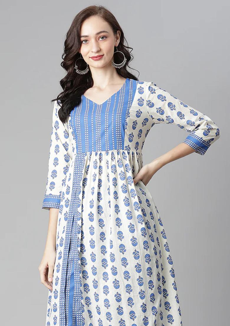 Off White Printed Cotton Kurta Set