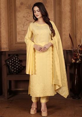 Yellow Embroidered Chanderi Kurta Set