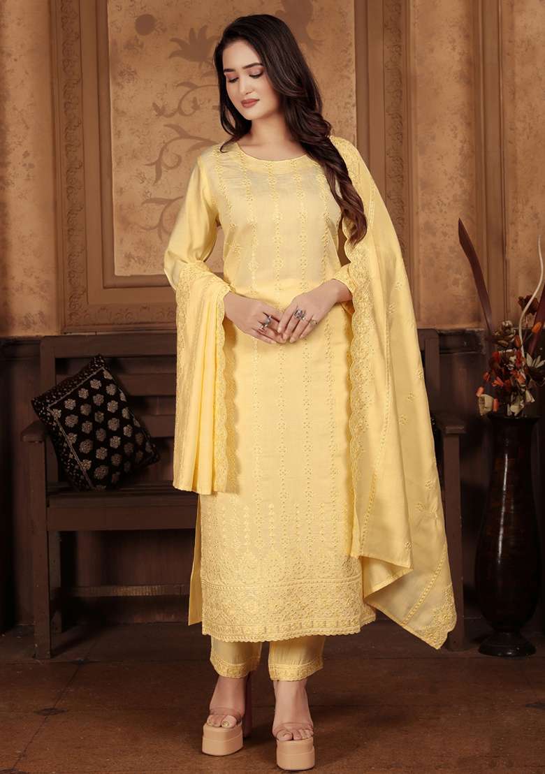 Yellow Embroidered Chanderi Kurta Set - Indya