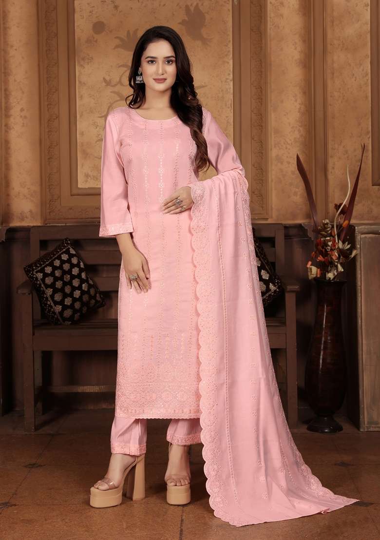 Peach Embroidered Chanderi Kurta Set - Indya