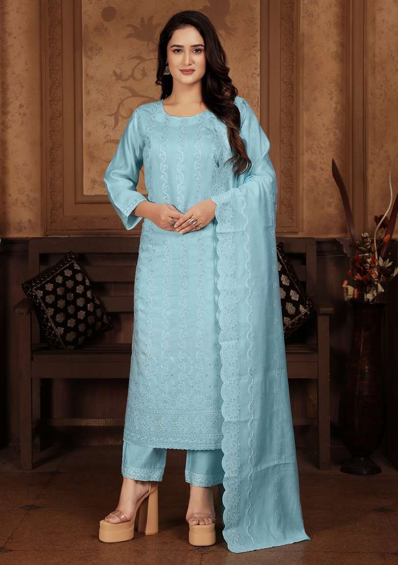 Blue Embroidered Chanderi Kurta Set - Indya