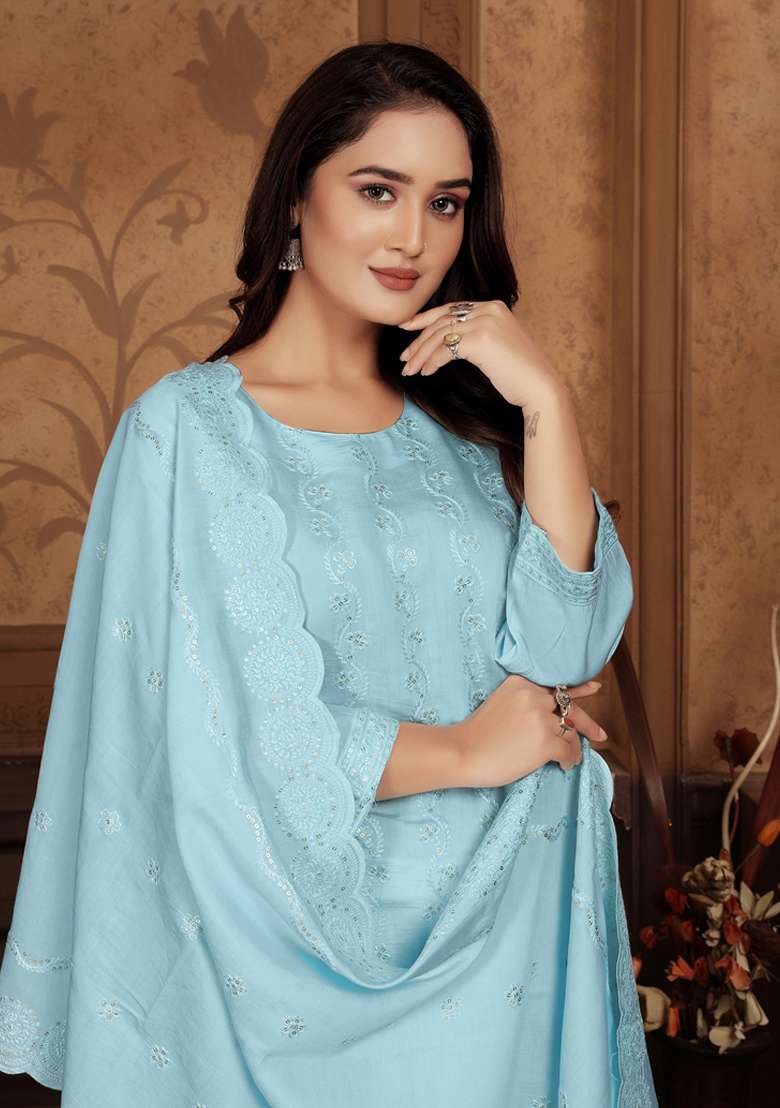 Blue Embroidered Chanderi Kurta Set - Indya