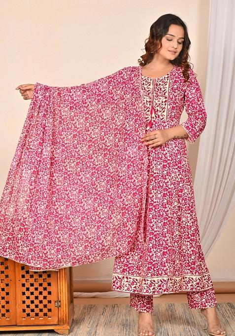 Maroon Embroidered Rayon Cotton Kurta Set