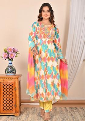 Multicolour Embroidered Rayon Cotton Kurta Set