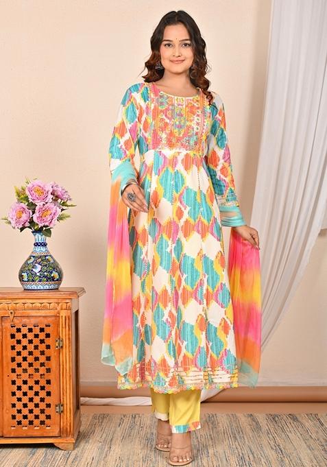 Multicolour Embroidered Rayon Cotton Kurta Set