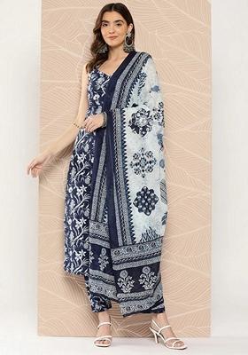 Navy Blue Floral Print Viscose Kurta Set