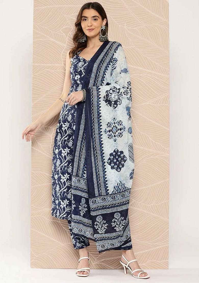 Navy Blue Floral Print Viscose Kurta Set - Indya