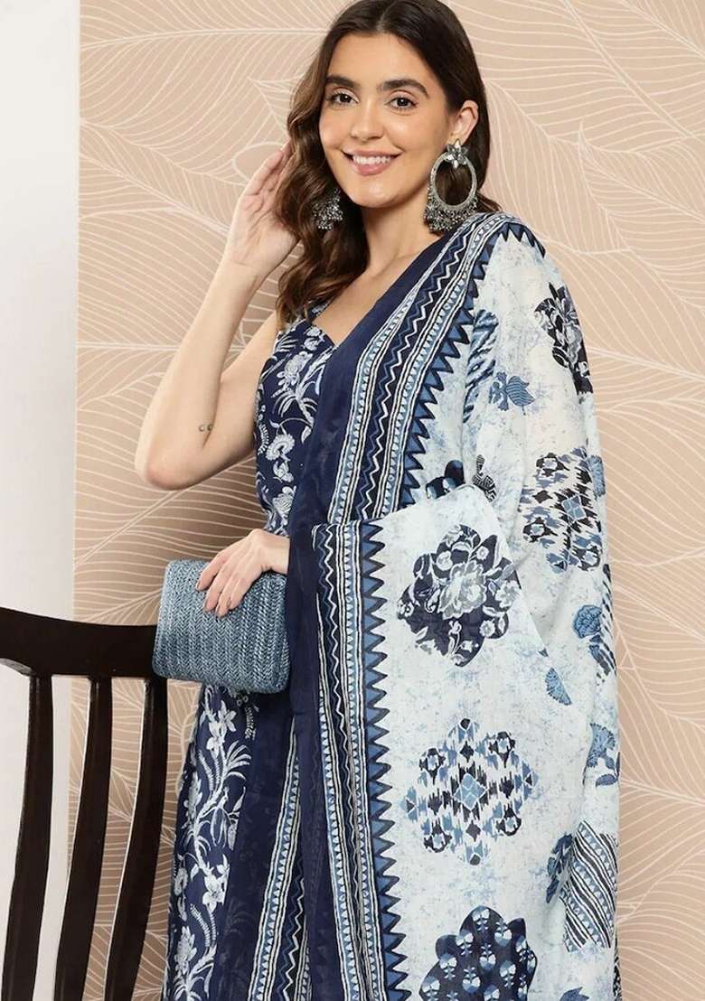 Navy Blue Floral Print Viscose Kurta Set - Indya