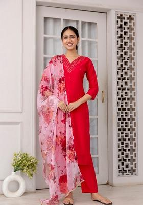 Rani Pink Hand Work Viscose Kurta Set