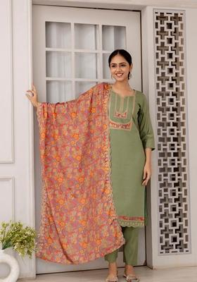 Pista Green Embroidered Viscose Kurta Set