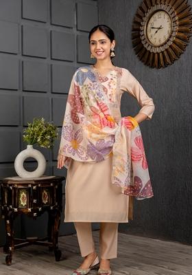 Cream Embroidered Viscose Kurta Set