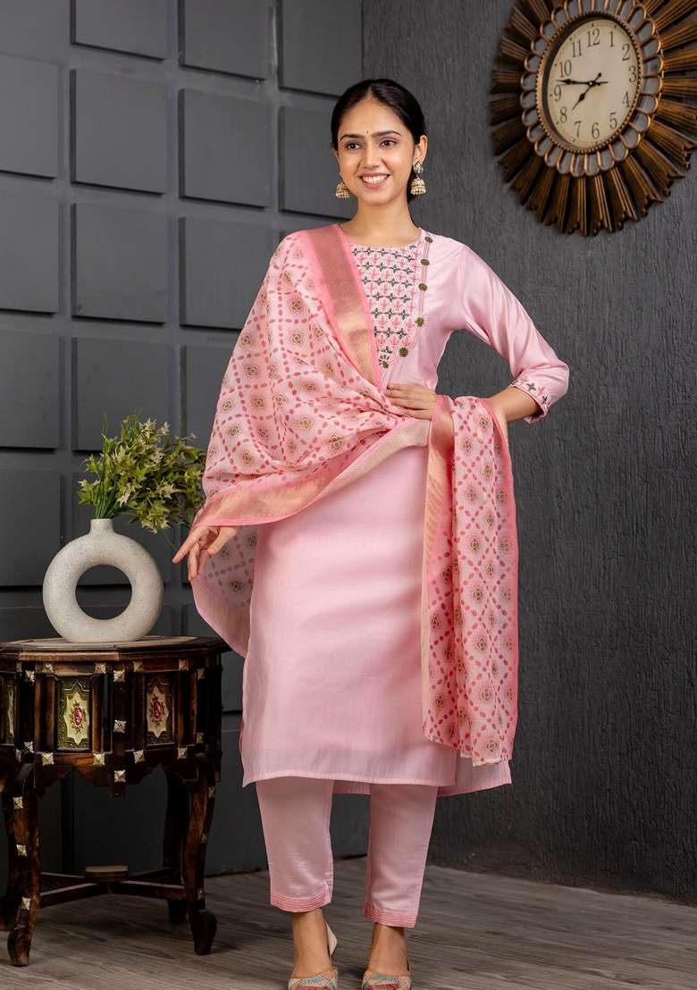 Baby Pink Embroidered Viscose Kurta Set - Indya