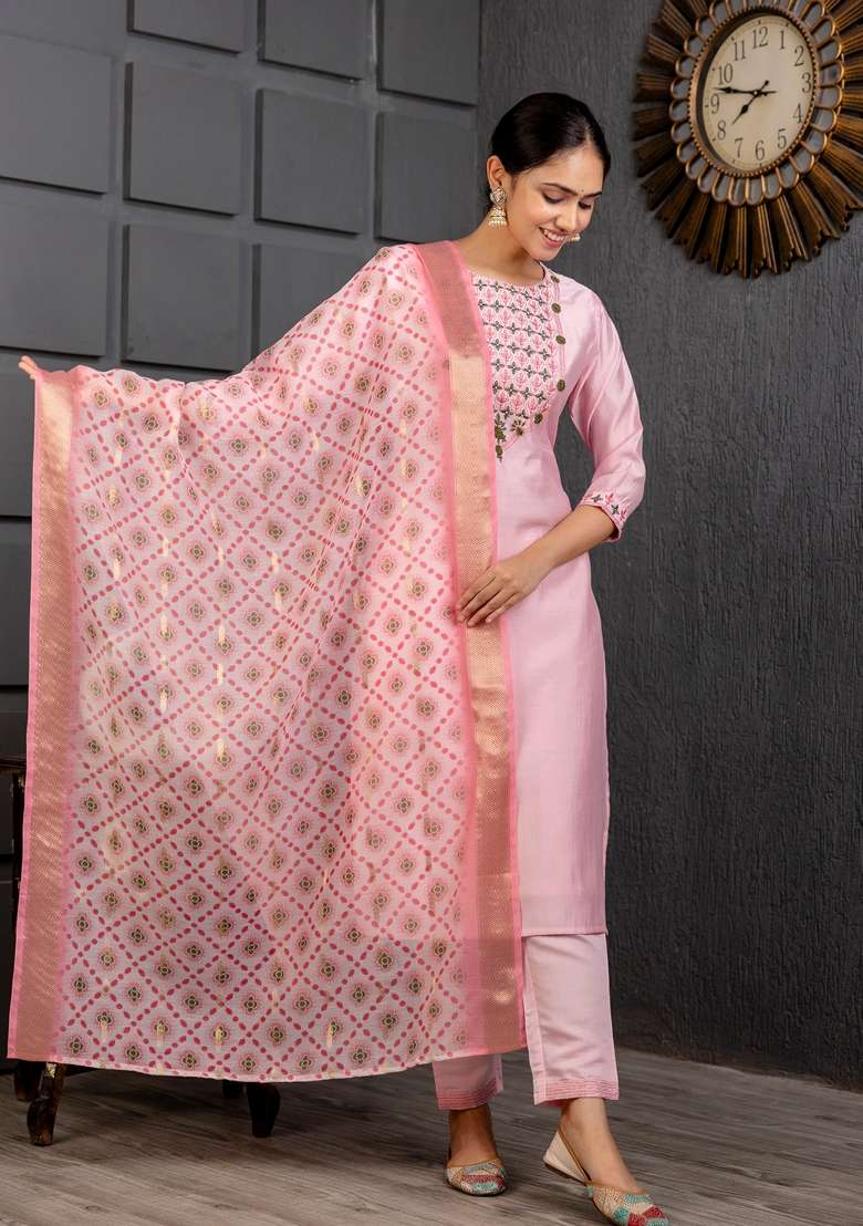 Baby Pink Embroidered Viscose Kurta Set - Indya