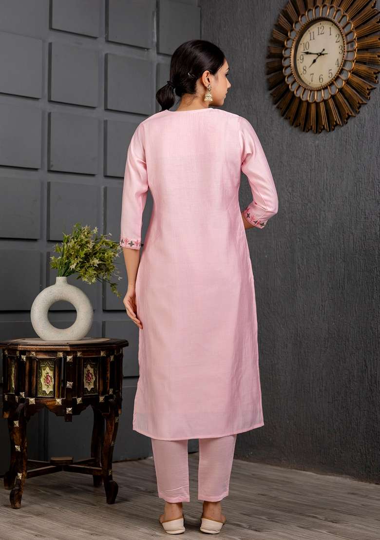 Baby Pink Embroidered Viscose Kurta Set - Indya