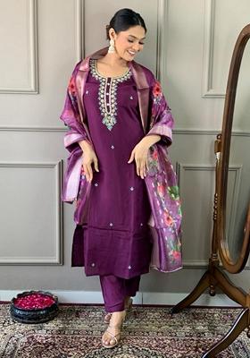 Purple Embroidered Viscose Chanderi Kurta Set