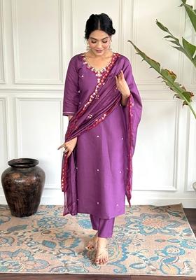Purple Embroidered Viscose Chanderi Kurta Set